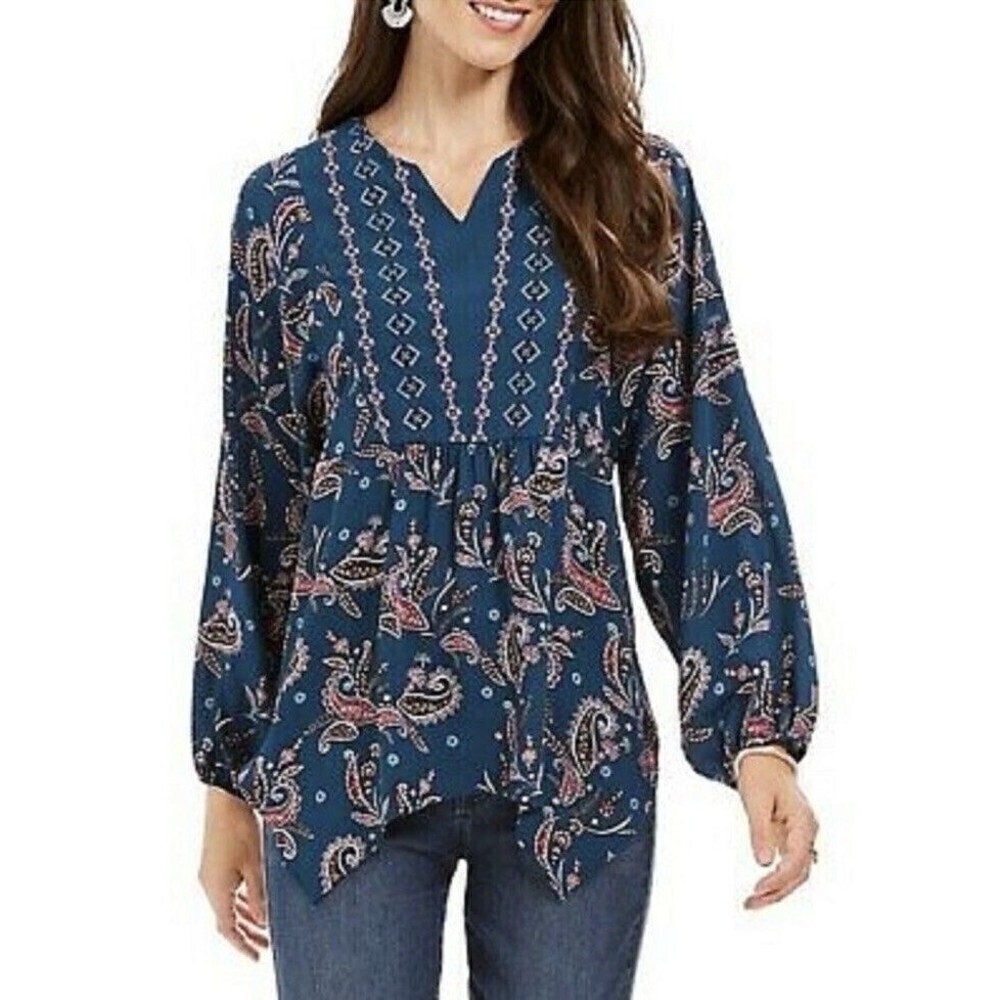 Style & Co Printed Handkerchief-Hem Peasant Boho Top Green Size M $60 MSPR